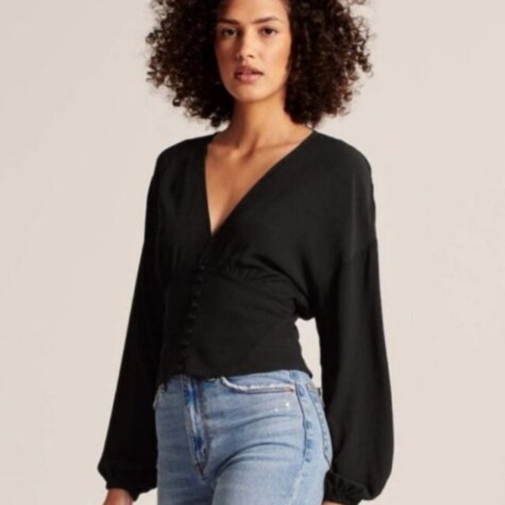 Abercrombie Fitch Womens Black V Neck Bubble Sleeve Vneck Blouse Satin Corset XS